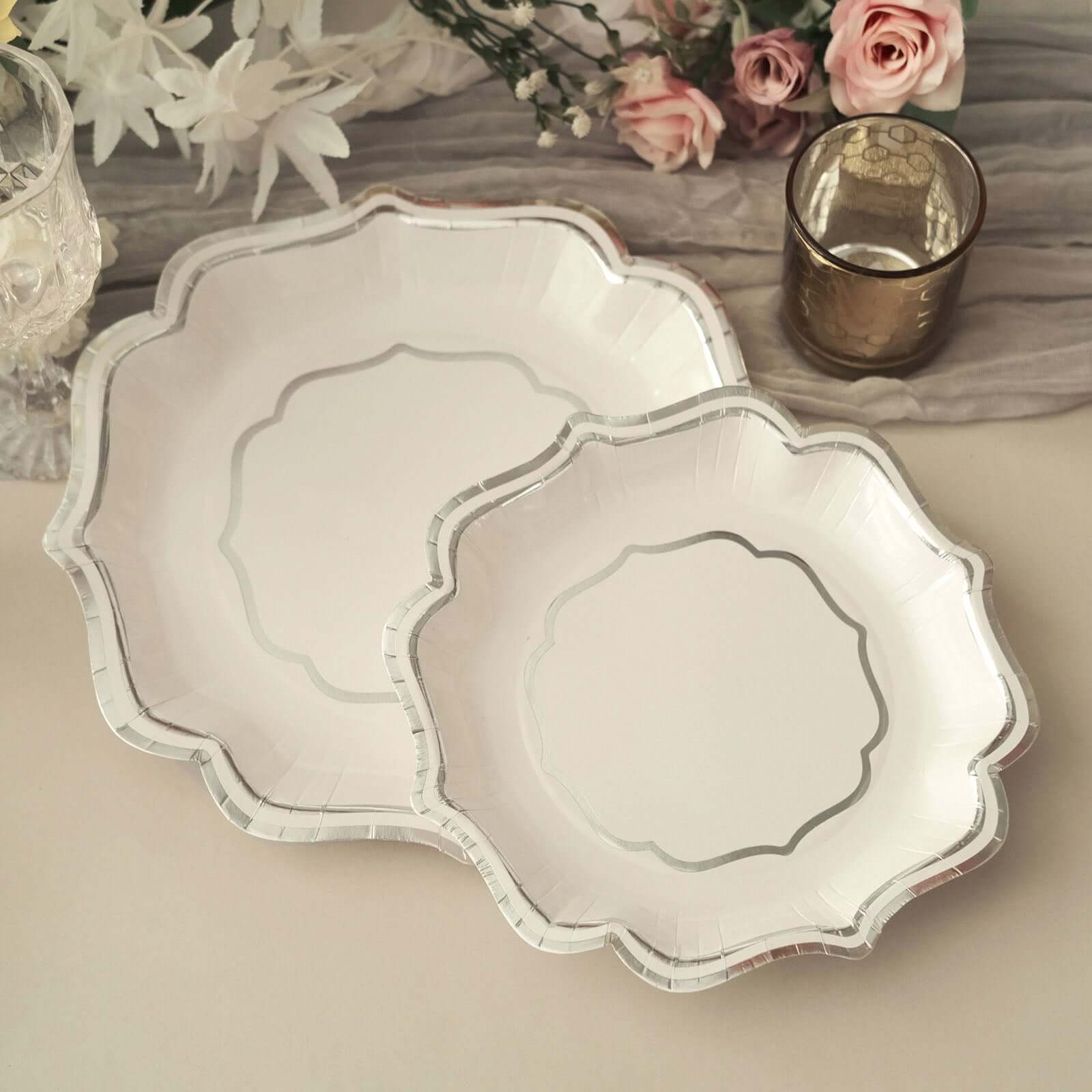 25 - Pack Paper Dessert Plates in White with Silver Scallop Rim - Disposable 300GSM Appetizer Salad Plates 8" - Bell Racket Store