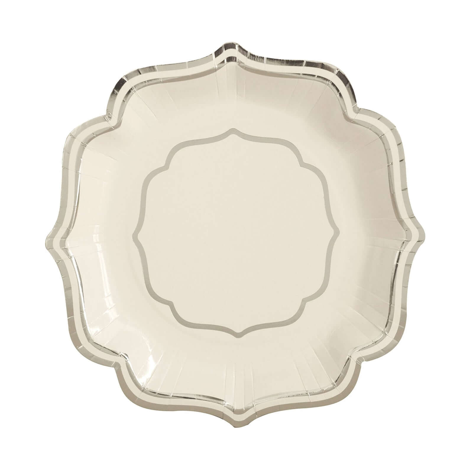 25 - Pack Paper Dessert Plates in White with Silver Scallop Rim - Disposable 300GSM Appetizer Salad Plates 8" - Bell Racket Store