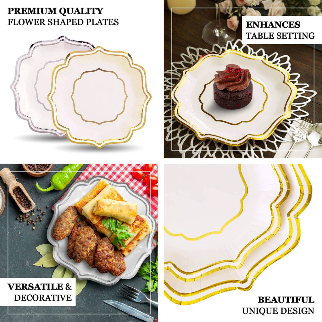 25 - Pack Paper Dessert Plates in White with Silver Scallop Rim - Disposable 300GSM Appetizer Salad Plates 8" - Bell Racket Store