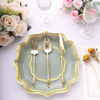 25 - Pack Paper Dinner Plates in Sage Green with Gold Scallop Rim - Disposable 300GSM Party Plates 10" - Bell Racket Store