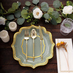 25 - Pack Paper Dinner Plates in Sage Green with Gold Scallop Rim - Disposable 300GSM Party Plates 10" - Bell Racket Store