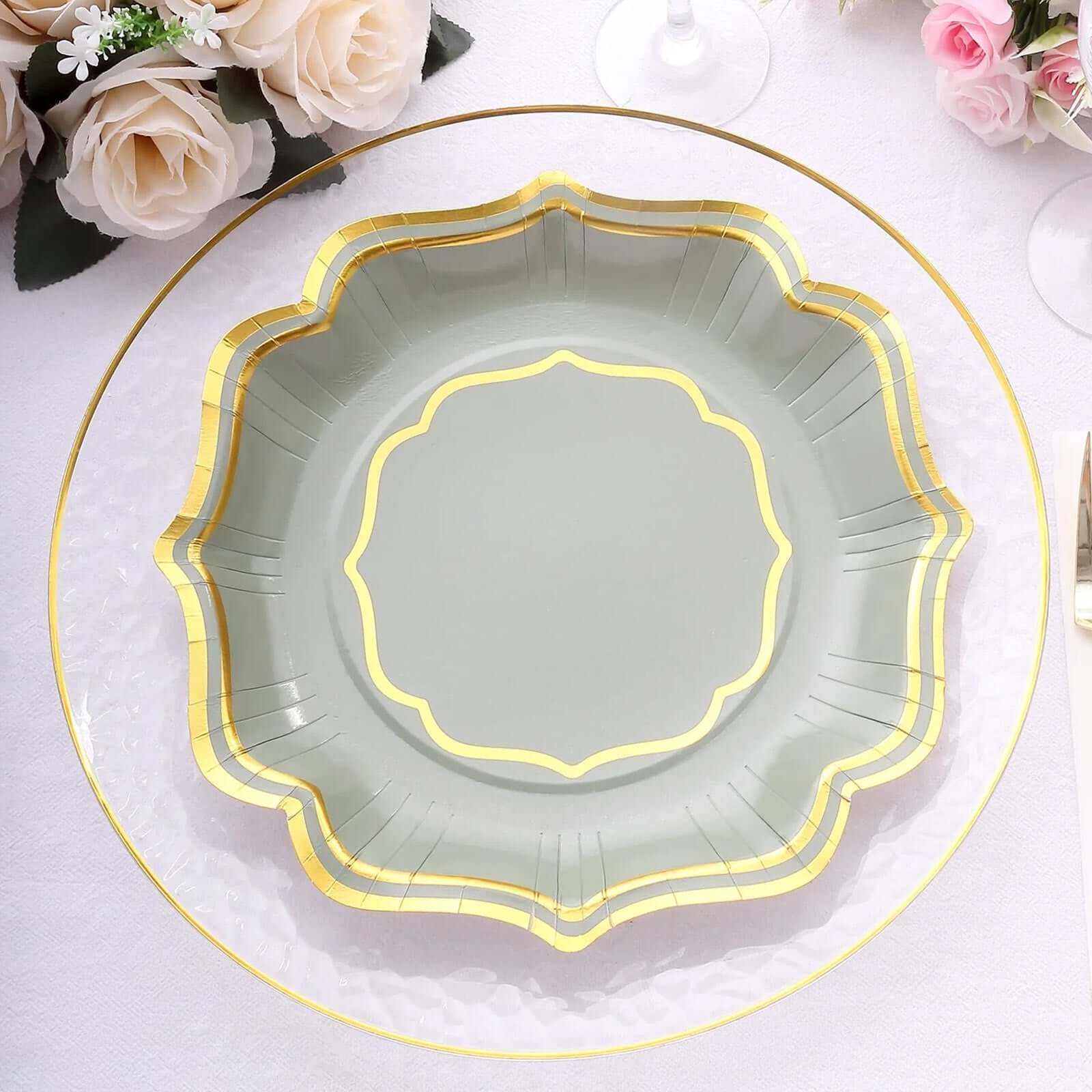 25 - Pack Paper Dinner Plates in Sage Green with Gold Scallop Rim - Disposable 300GSM Party Plates 10" - Bell Racket Store