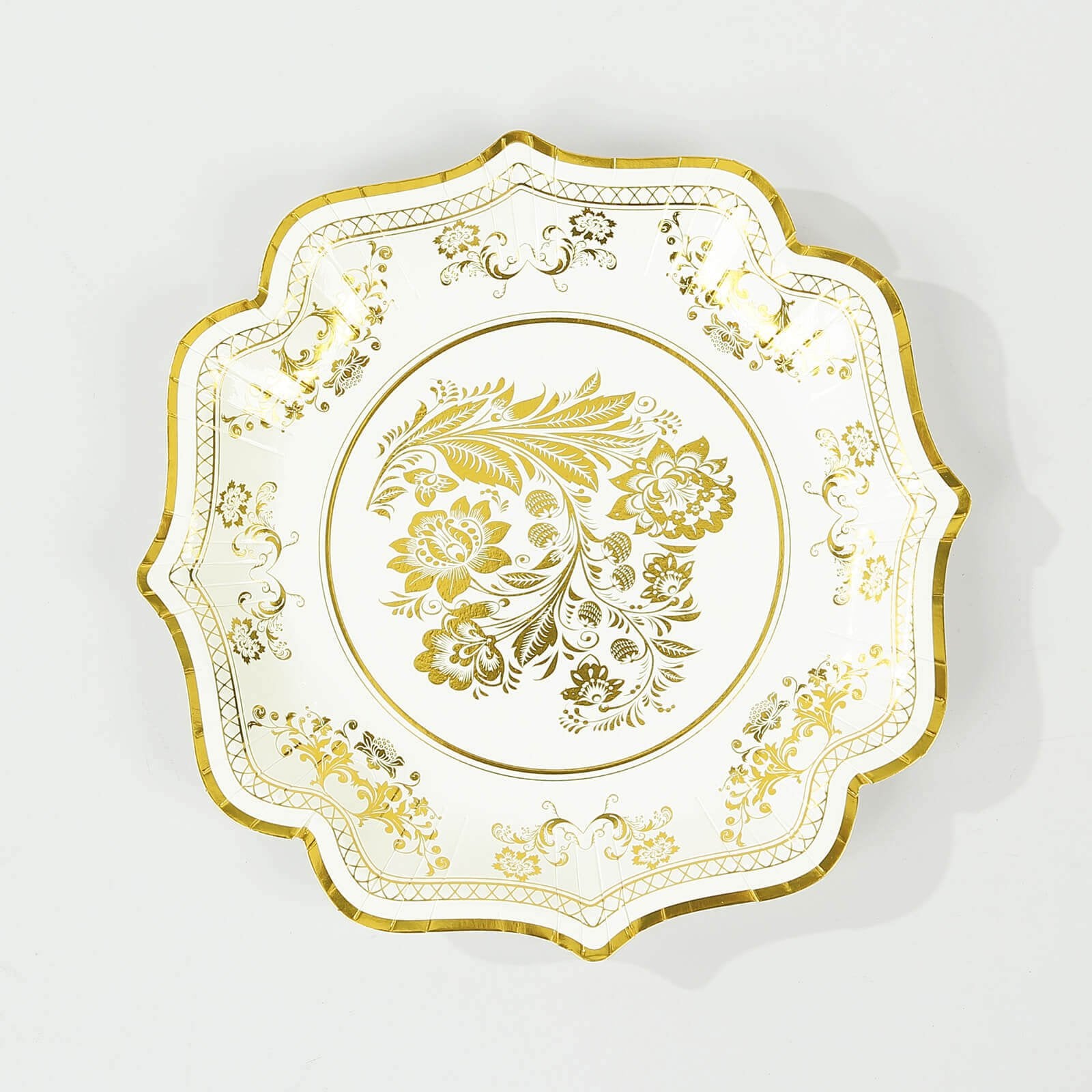 25 - Pack Paper Dinner Plates in White Gold Damask Floral Print & Scallop Rim - Stylish Disposable 300GSM Floral Party Plates 10" - Bell Racket Store