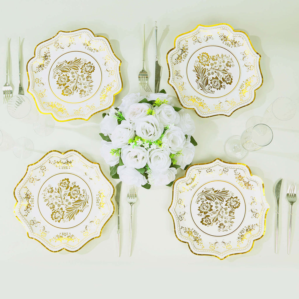 25 - Pack Paper Dinner Plates in White Gold Damask Floral Print & Scallop Rim - Stylish Disposable 300GSM Floral Party Plates 10" - Bell Racket Store