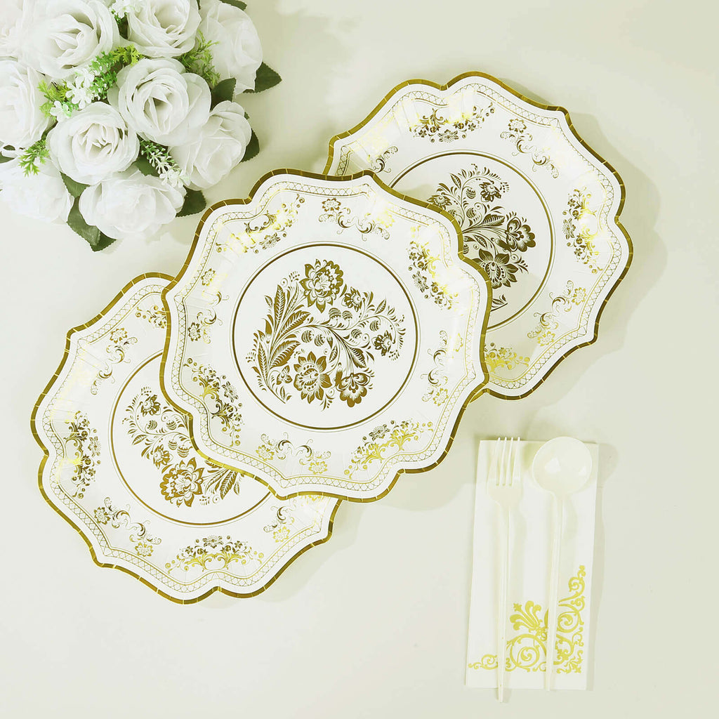 25 - Pack Paper Dinner Plates in White Gold Damask Floral Print & Scallop Rim - Stylish Disposable 300GSM Floral Party Plates 10" - Bell Racket Store