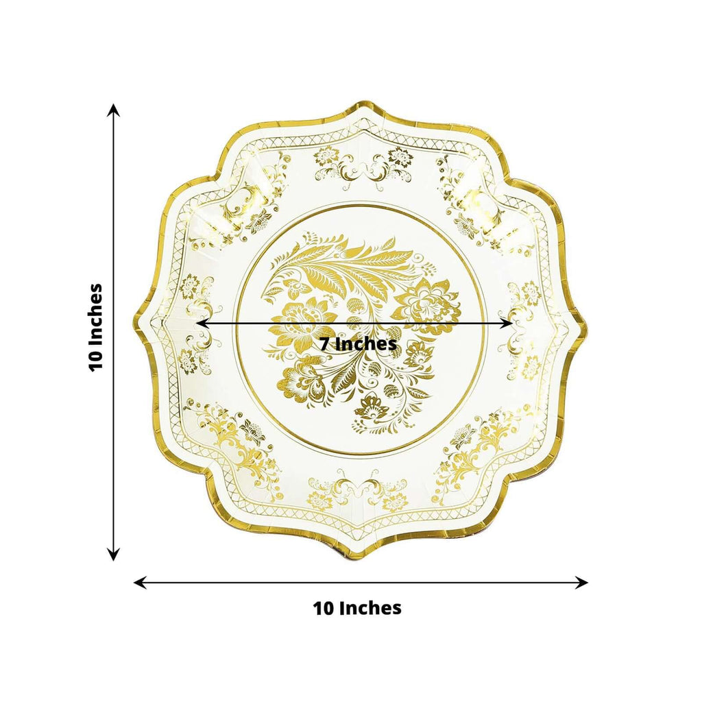 25 - Pack Paper Dinner Plates in White Gold Damask Floral Print & Scallop Rim - Stylish Disposable 300GSM Floral Party Plates 10" - Bell Racket Store