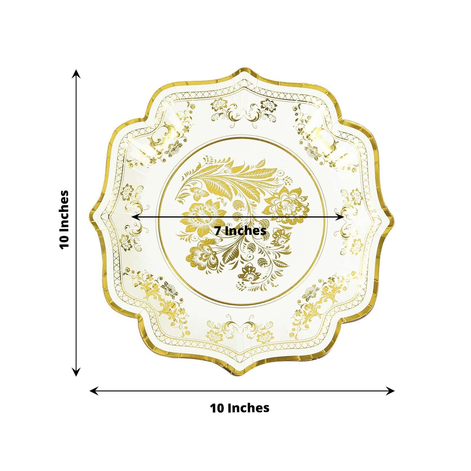 25 - Pack Paper Dinner Plates in White Gold Damask Floral Print & Scallop Rim - Stylish Disposable 300GSM Floral Party Plates 10" - Bell Racket Store