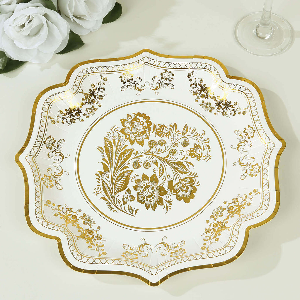 25 - Pack Paper Dinner Plates in White Gold Damask Floral Print & Scallop Rim - Stylish Disposable 300GSM Floral Party Plates 10" - Bell Racket Store