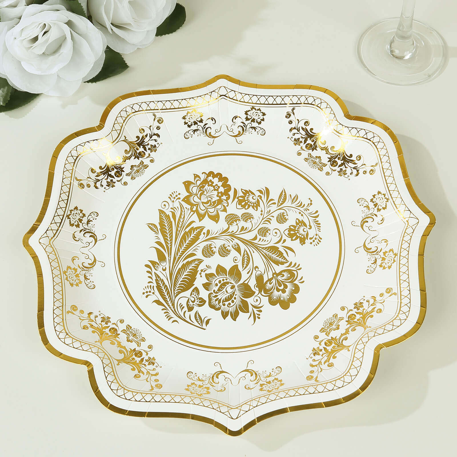 25 - Pack Paper Dinner Plates in White Gold Damask Floral Print & Scallop Rim - Stylish Disposable 300GSM Floral Party Plates 10" - Bell Racket Store