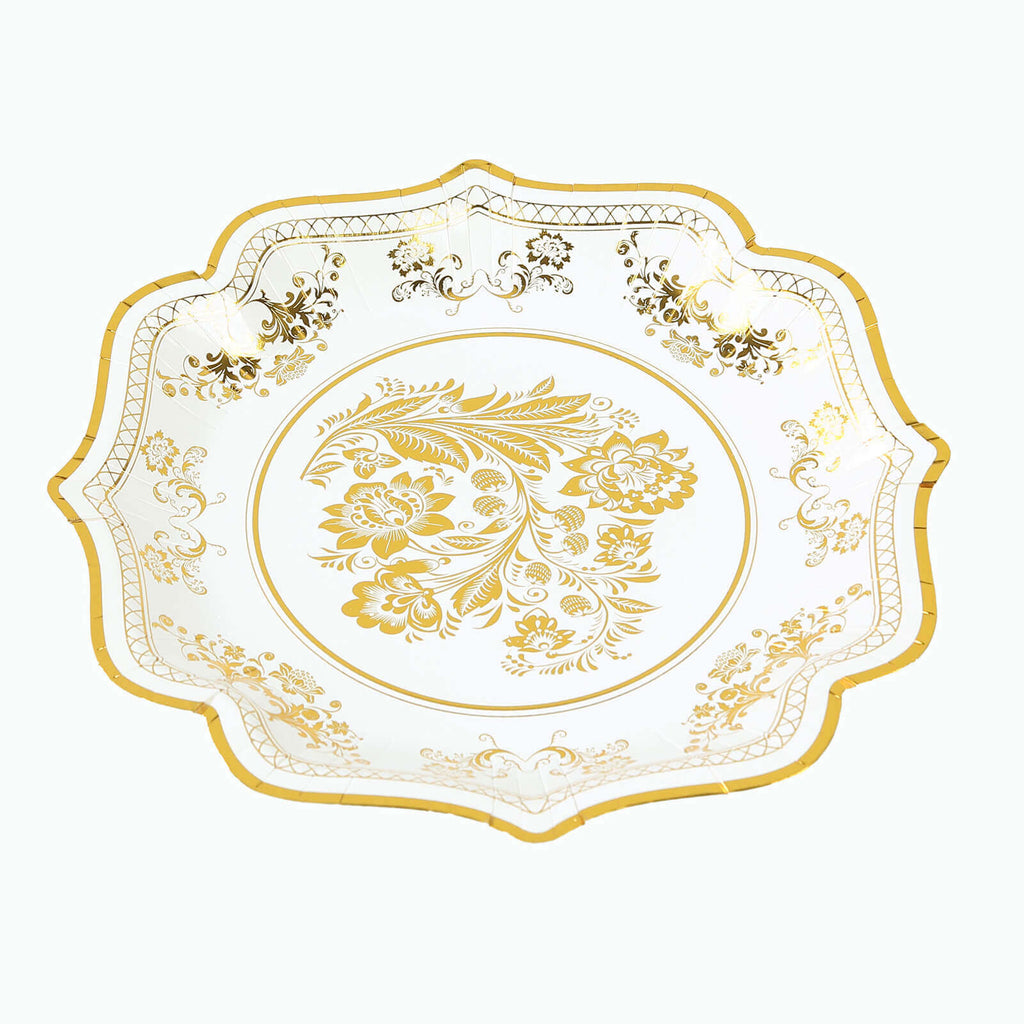 25 - Pack Paper Dinner Plates in White Gold Damask Floral Print & Scallop Rim - Stylish Disposable 300GSM Floral Party Plates 10" - Bell Racket Store