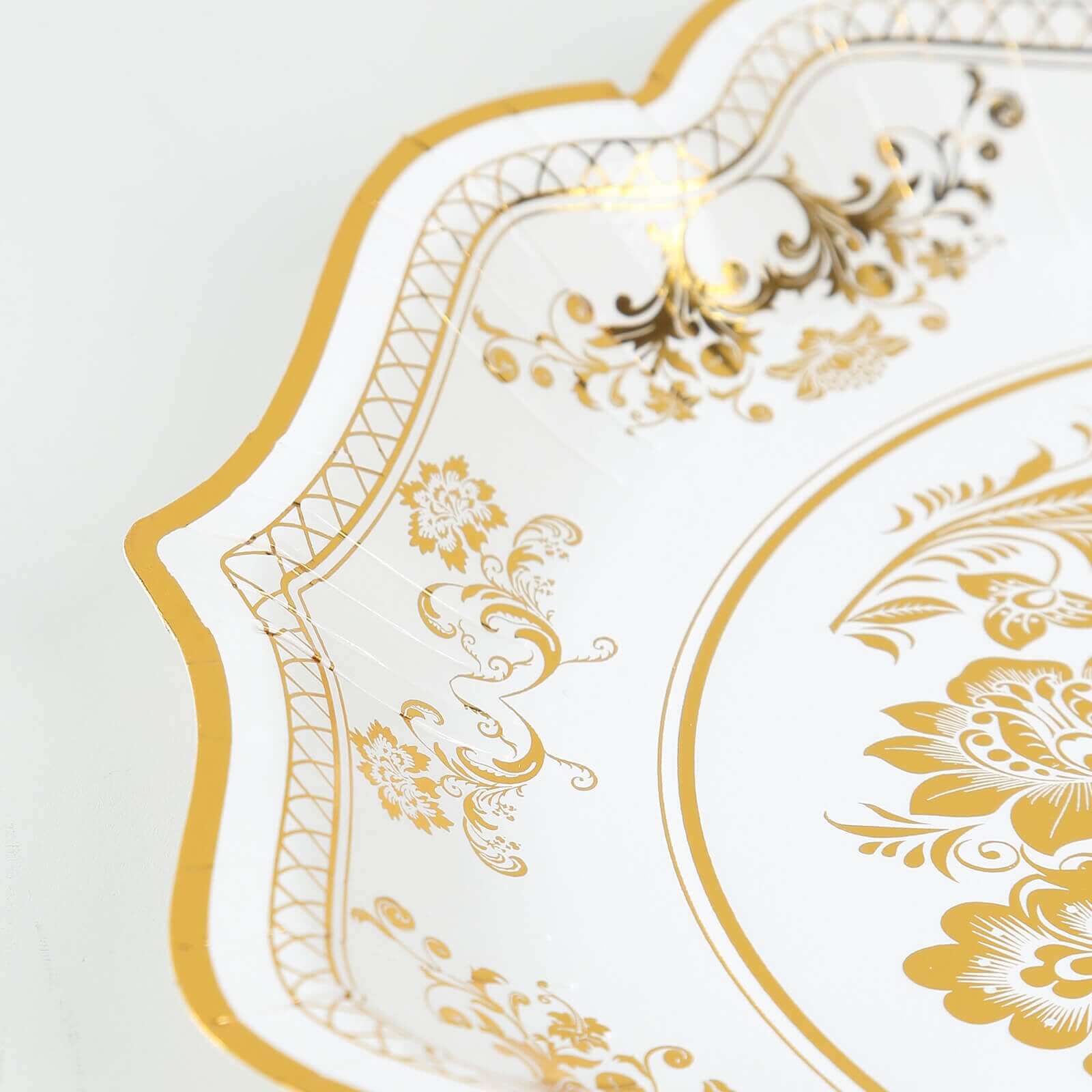 25 - Pack Paper Dinner Plates in White Gold Damask Floral Print & Scallop Rim - Stylish Disposable 300GSM Floral Party Plates 10" - Bell Racket Store