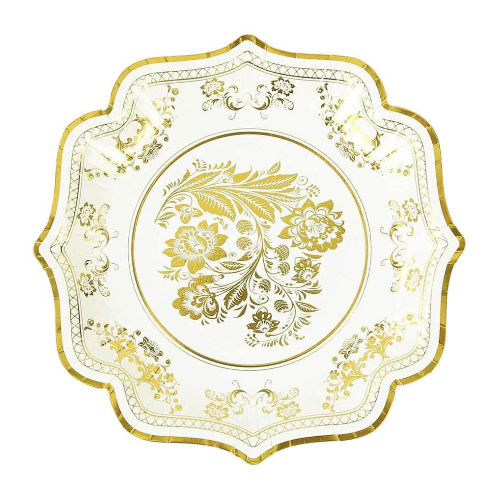 25 - Pack Paper Dinner Plates in White Gold Damask Floral Print & Scallop Rim - Stylish Disposable 300GSM Floral Party Plates 10" - Bell Racket Store