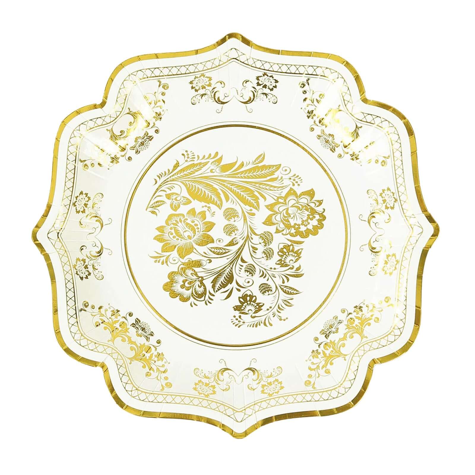 25 - Pack Paper Dinner Plates in White Gold Damask Floral Print & Scallop Rim - Stylish Disposable 300GSM Floral Party Plates 10" - Bell Racket Store