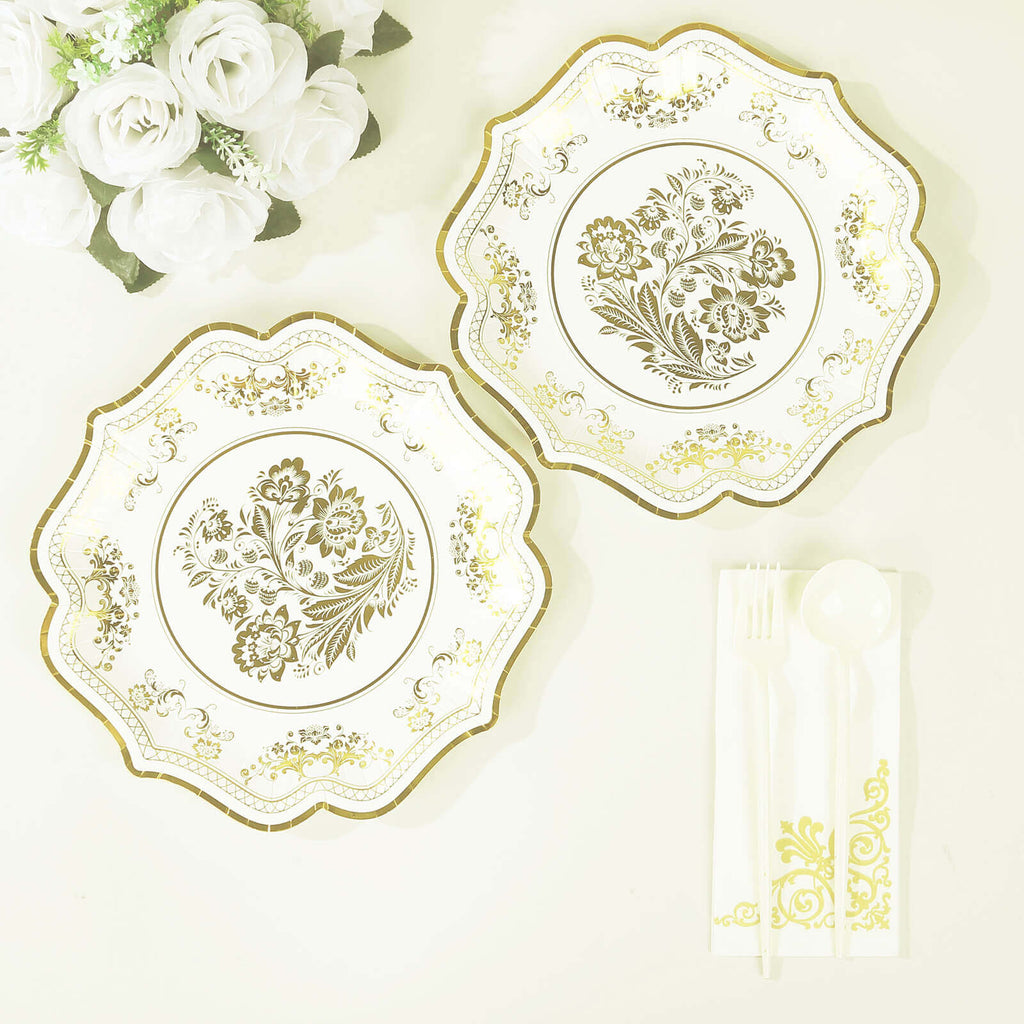 25 - Pack Paper Dinner Plates in White Gold Damask Floral Print & Scallop Rim - Stylish Disposable 300GSM Floral Party Plates 10" - Bell Racket Store