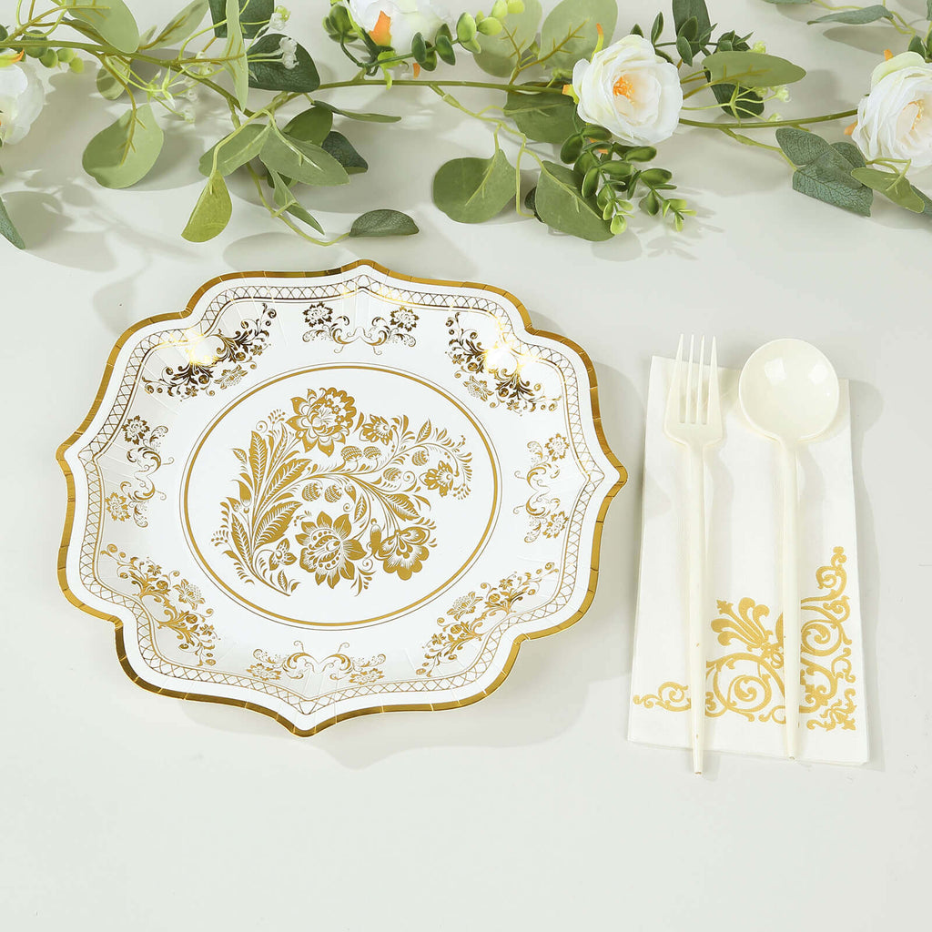 25 - Pack Paper Dinner Plates in White Gold Damask Floral Print & Scallop Rim - Stylish Disposable 300GSM Floral Party Plates 10" - Bell Racket Store