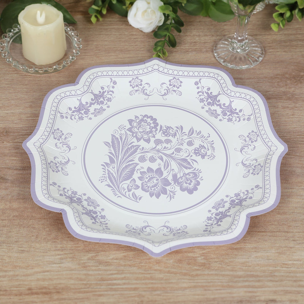 25 - Pack Paper Dinner Plates in White Lavender Lilac Damask Floral Print & Scallop Rim - Stylish Disposable 300GSM Floral Party Plates 10" - Bell Racket Store