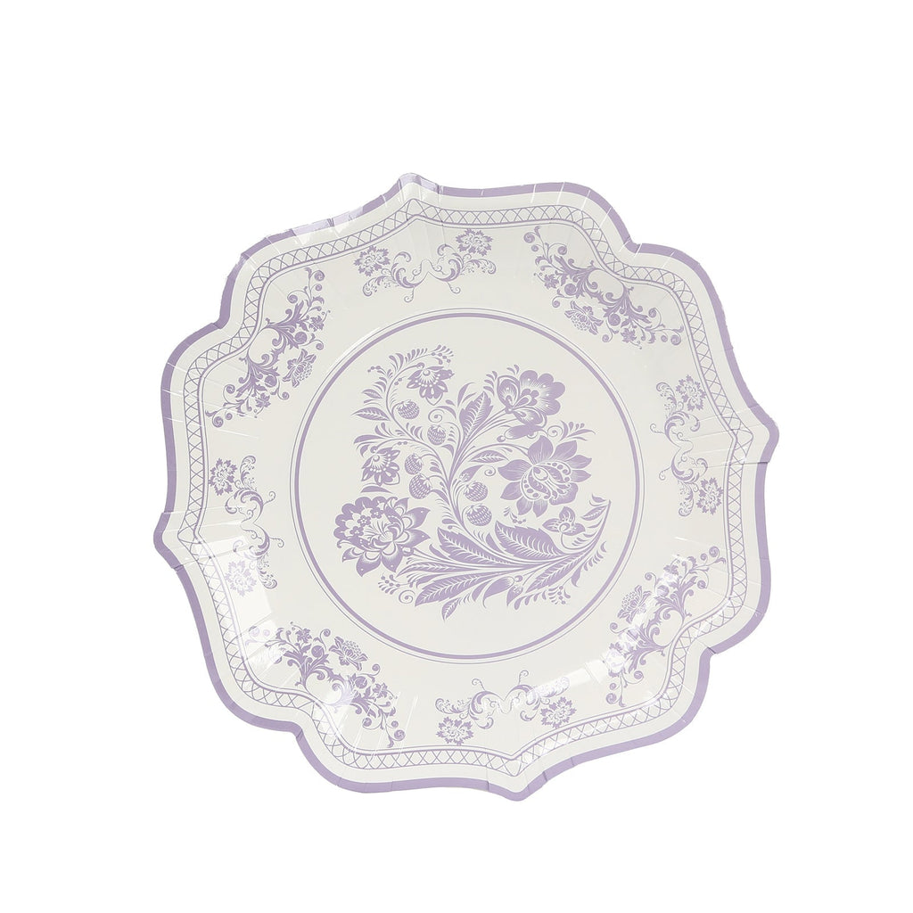 25 - Pack Paper Dinner Plates in White Lavender Lilac Damask Floral Print & Scallop Rim - Stylish Disposable 300GSM Floral Party Plates 10" - Bell Racket Store