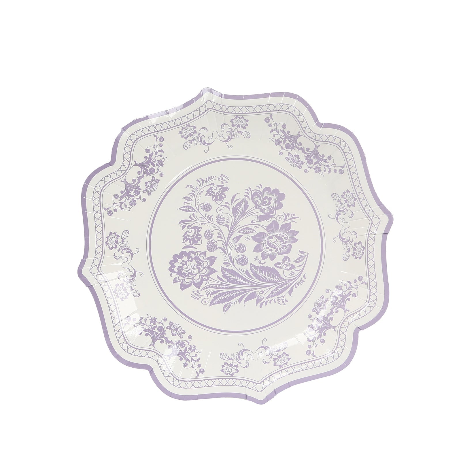25 - Pack Paper Dinner Plates in White Lavender Lilac Damask Floral Print & Scallop Rim - Stylish Disposable 300GSM Floral Party Plates 10" - Bell Racket Store