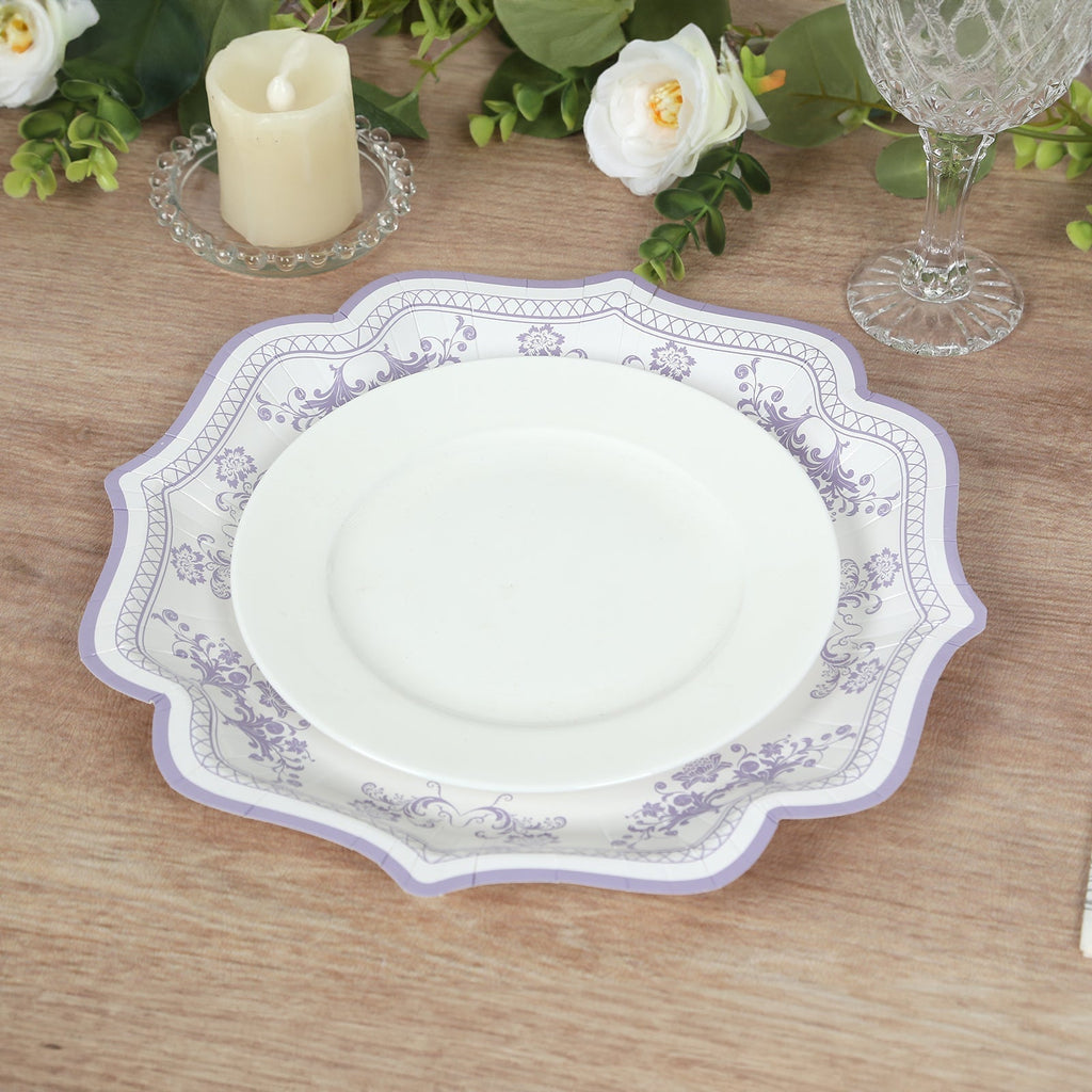 25 - Pack Paper Dinner Plates in White Lavender Lilac Damask Floral Print & Scallop Rim - Stylish Disposable 300GSM Floral Party Plates 10" - Bell Racket Store