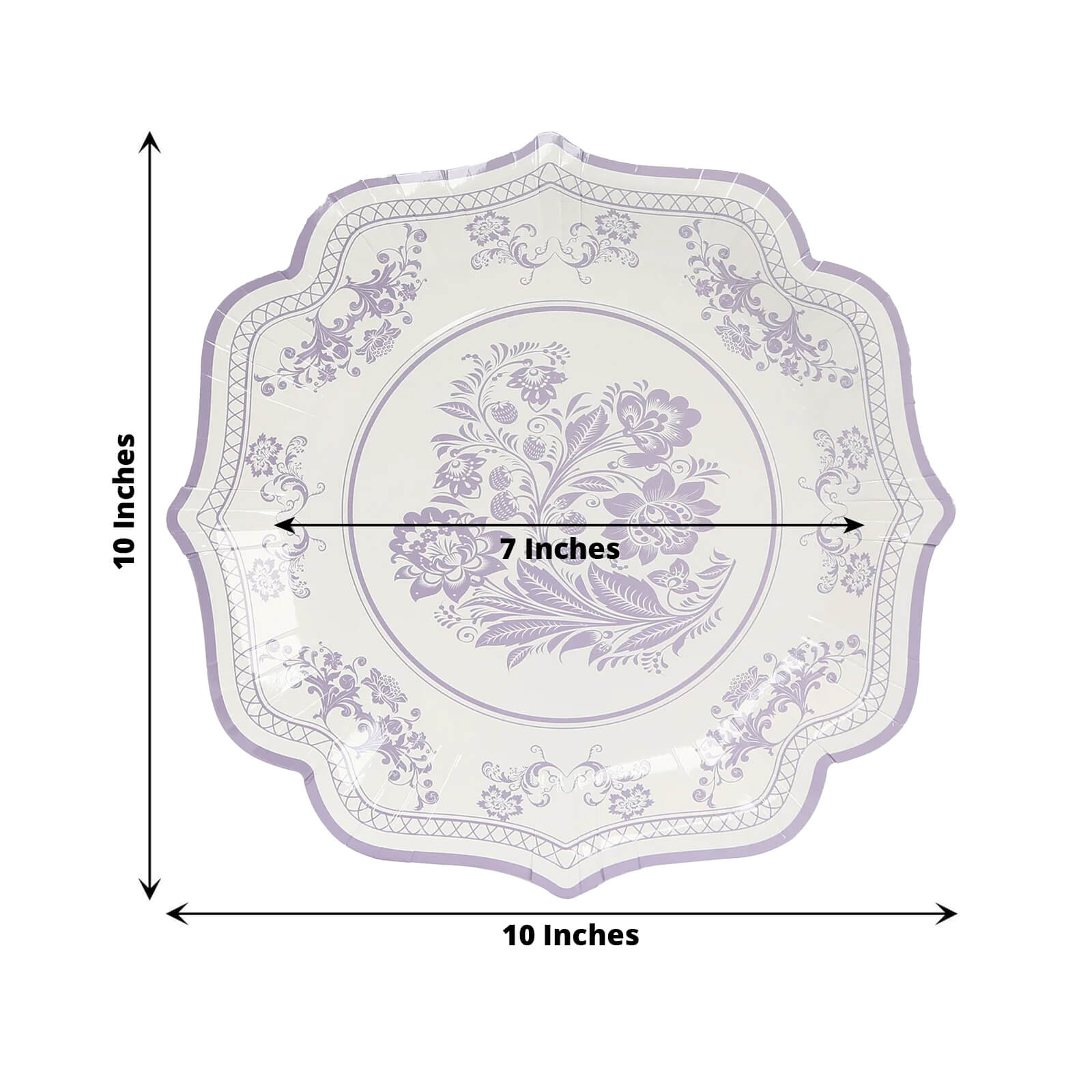 25 - Pack Paper Dinner Plates in White Lavender Lilac Damask Floral Print & Scallop Rim - Stylish Disposable 300GSM Floral Party Plates 10" - Bell Racket Store