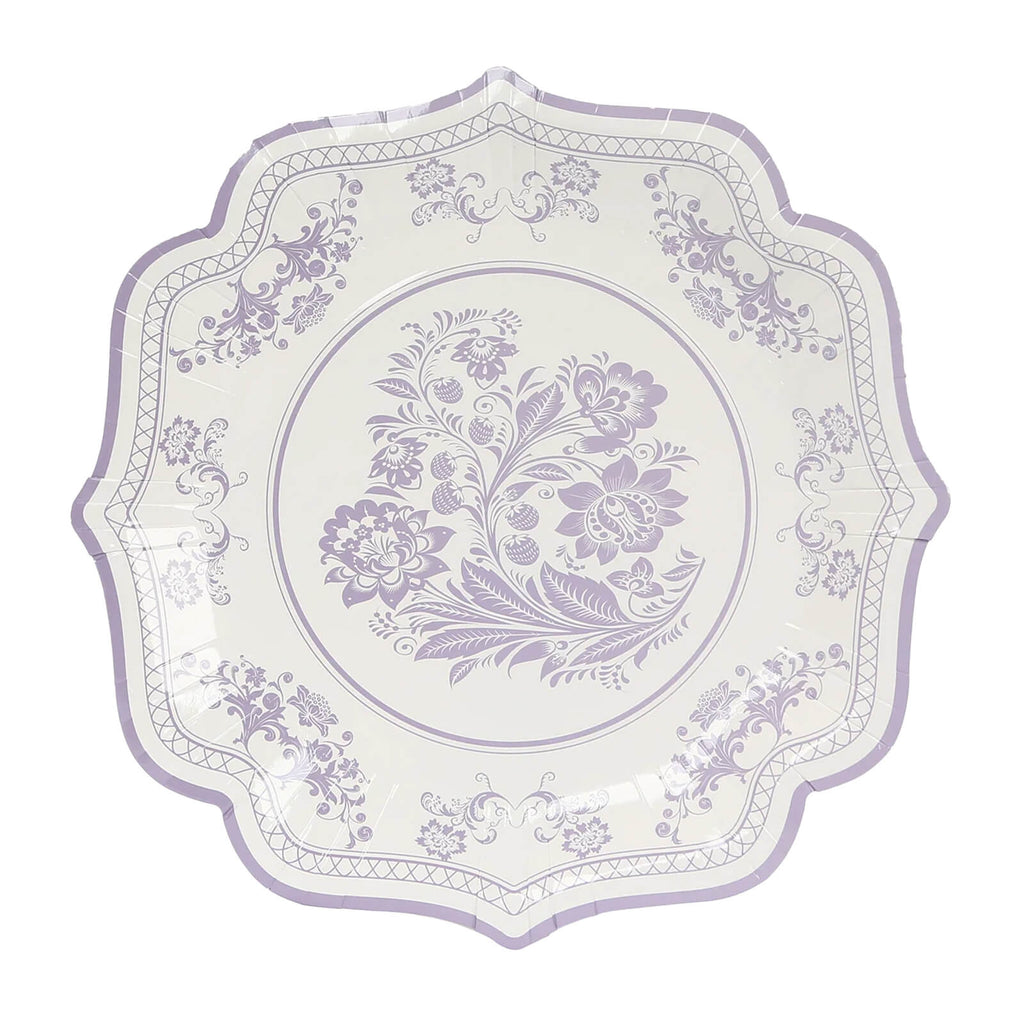 25 - Pack Paper Dinner Plates in White Lavender Lilac Damask Floral Print & Scallop Rim - Stylish Disposable 300GSM Floral Party Plates 10" - Bell Racket Store