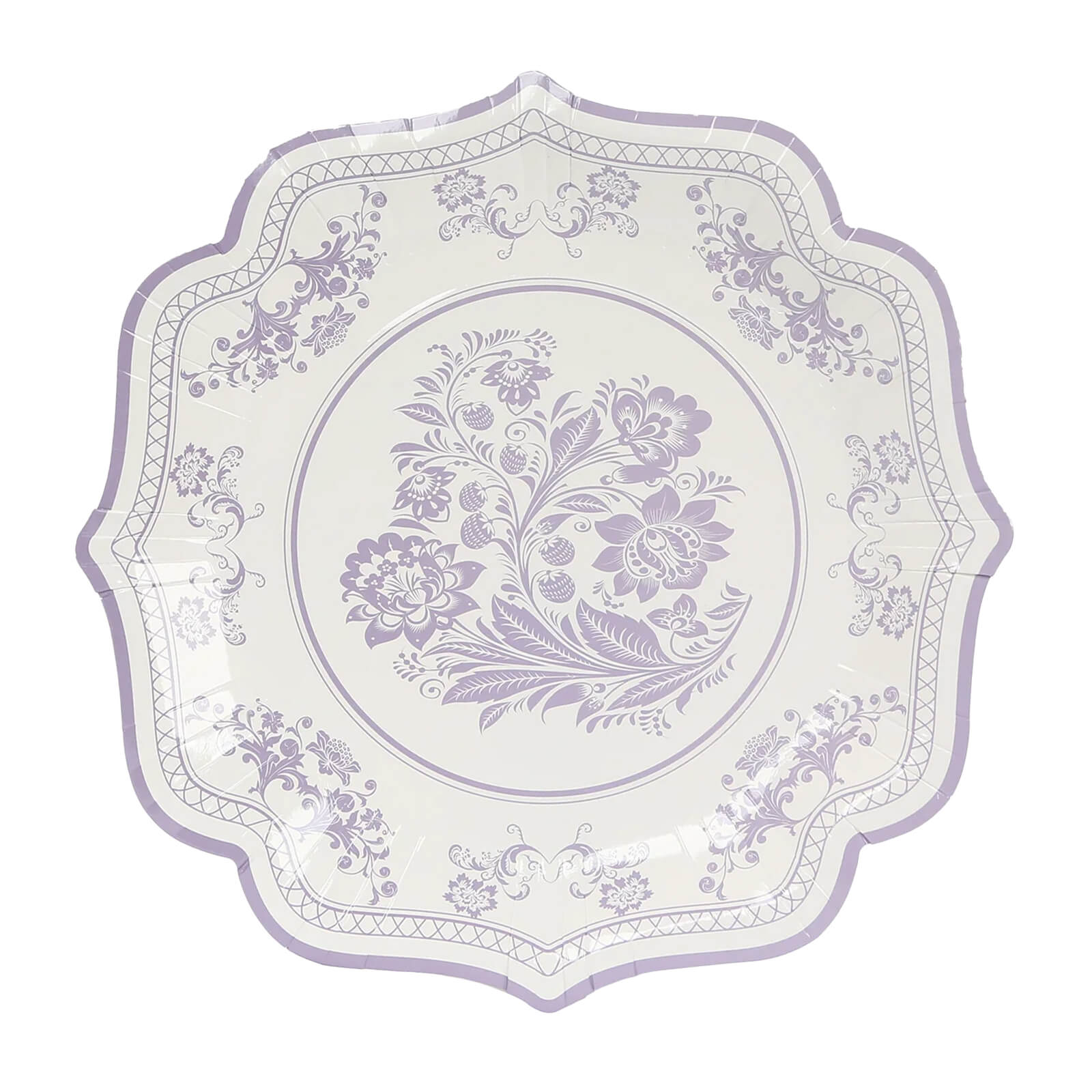25 - Pack Paper Dinner Plates in White Lavender Lilac Damask Floral Print & Scallop Rim - Stylish Disposable 300GSM Floral Party Plates 10" - Bell Racket Store