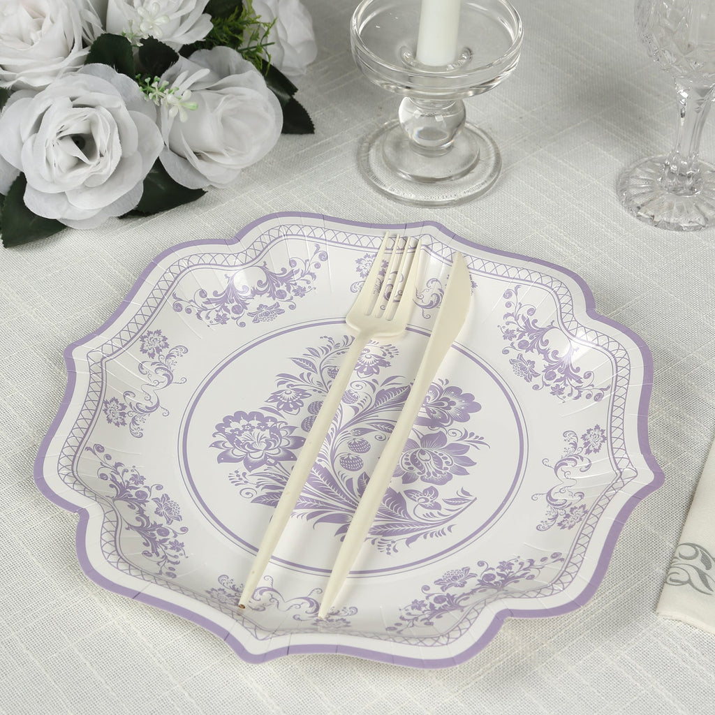 25 - Pack Paper Dinner Plates in White Lavender Lilac Damask Floral Print & Scallop Rim - Stylish Disposable 300GSM Floral Party Plates 10" - Bell Racket Store