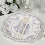 25 - Pack Paper Dinner Plates in White Lavender Lilac Damask Floral Print & Scallop Rim - Stylish Disposable 300GSM Floral Party Plates 10" - Bell Racket Store