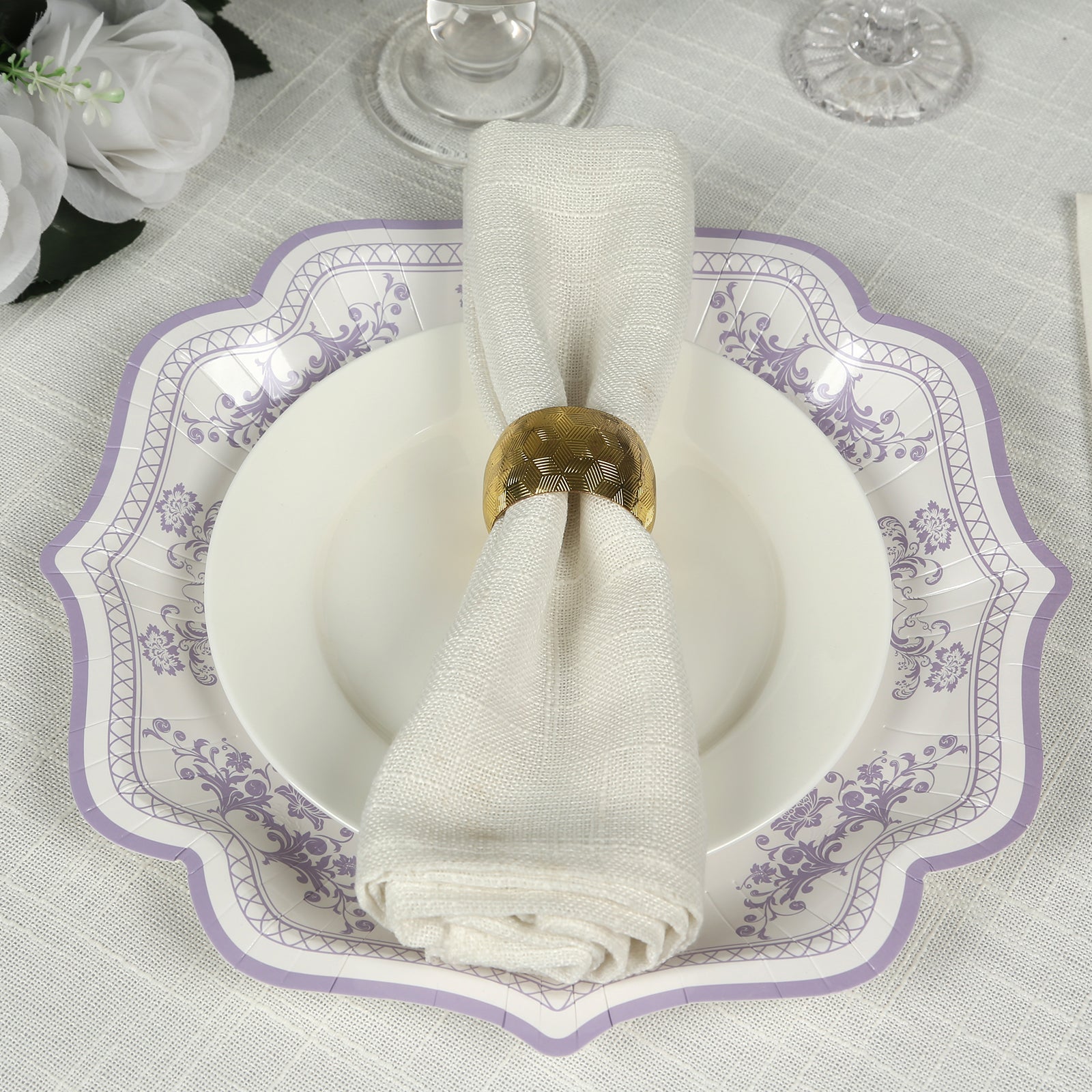 25 - Pack Paper Dinner Plates in White Lavender Lilac Damask Floral Print & Scallop Rim - Stylish Disposable 300GSM Floral Party Plates 10" - Bell Racket Store