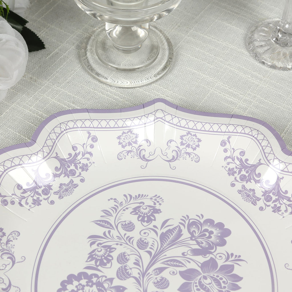 25 - Pack Paper Dinner Plates in White Lavender Lilac Damask Floral Print & Scallop Rim - Stylish Disposable 300GSM Floral Party Plates 10" - Bell Racket Store