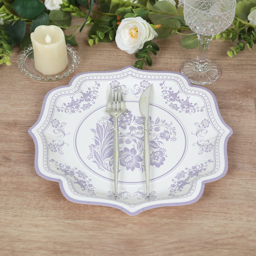 25 - Pack Paper Dinner Plates in White Lavender Lilac Damask Floral Print & Scallop Rim - Stylish Disposable 300GSM Floral Party Plates 10" - Bell Racket Store