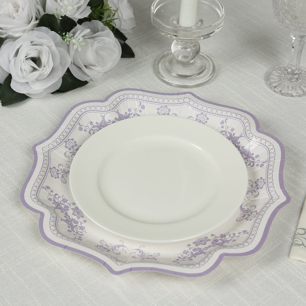 25 - Pack Paper Dinner Plates in White Lavender Lilac Damask Floral Print & Scallop Rim - Stylish Disposable 300GSM Floral Party Plates 10" - Bell Racket Store