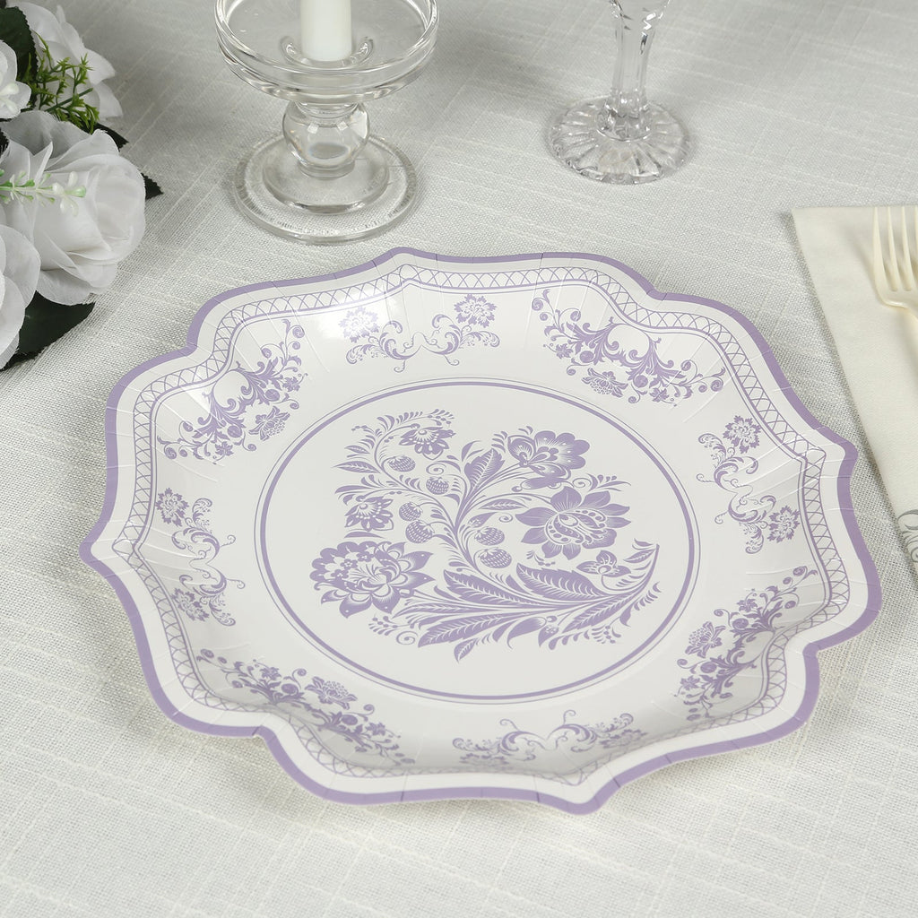 25 - Pack Paper Dinner Plates in White Lavender Lilac Damask Floral Print & Scallop Rim - Stylish Disposable 300GSM Floral Party Plates 10" - Bell Racket Store