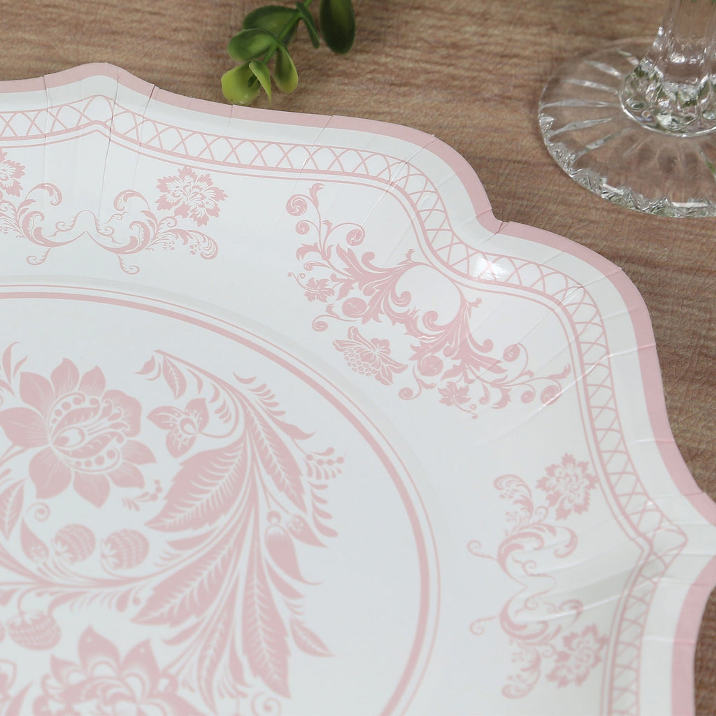 25 - Pack Paper Dinner Plates in White Pink Damask Floral Pattern & Scallop Rim - Stylish Disposable 300GSM Floral Party Plates 10" - Bell Racket Store