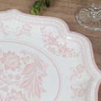 25 - Pack Paper Dinner Plates in White Pink Damask Floral Pattern & Scallop Rim - Stylish Disposable 300GSM Floral Party Plates 10" - Bell Racket Store