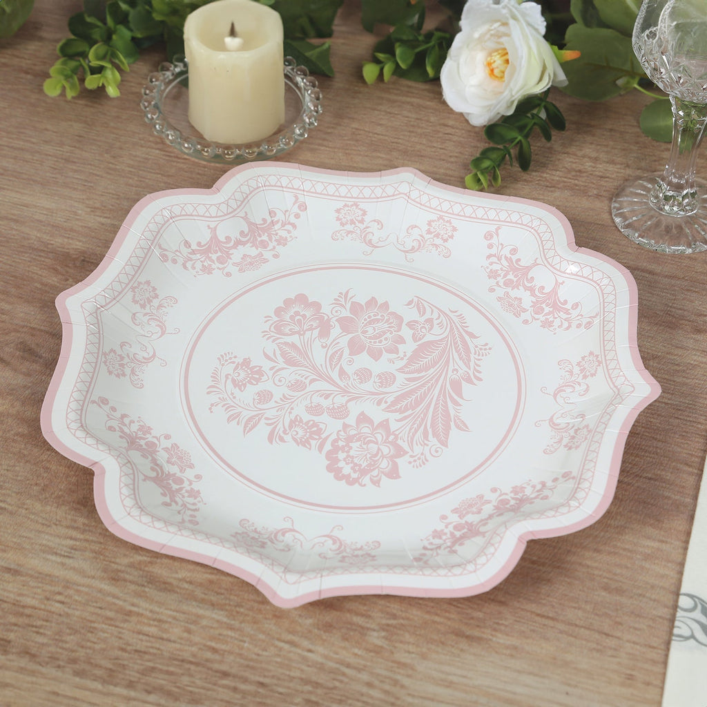 25 - Pack Paper Dinner Plates in White Pink Damask Floral Pattern & Scallop Rim - Stylish Disposable 300GSM Floral Party Plates 10" - Bell Racket Store