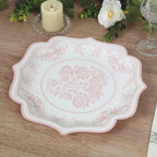 25 - Pack Paper Dinner Plates in White Pink Damask Floral Pattern & Scallop Rim - Stylish Disposable 300GSM Floral Party Plates 10" - Bell Racket Store