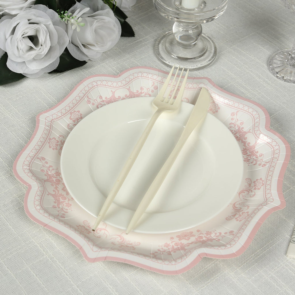 25 - Pack Paper Dinner Plates in White Pink Damask Floral Pattern & Scallop Rim - Stylish Disposable 300GSM Floral Party Plates 10" - Bell Racket Store