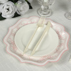 25 - Pack Paper Dinner Plates in White Pink Damask Floral Pattern & Scallop Rim - Stylish Disposable 300GSM Floral Party Plates 10" - Bell Racket Store
