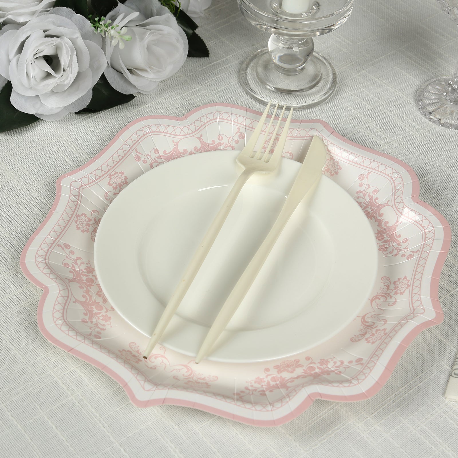 25 - Pack Paper Dinner Plates in White Pink Damask Floral Pattern & Scallop Rim - Stylish Disposable 300GSM Floral Party Plates 10" - Bell Racket Store