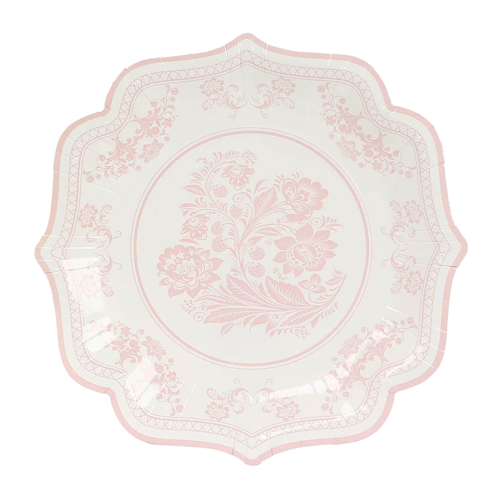 25 - Pack Paper Dinner Plates in White Pink Damask Floral Pattern & Scallop Rim - Stylish Disposable 300GSM Floral Party Plates 10" - Bell Racket Store