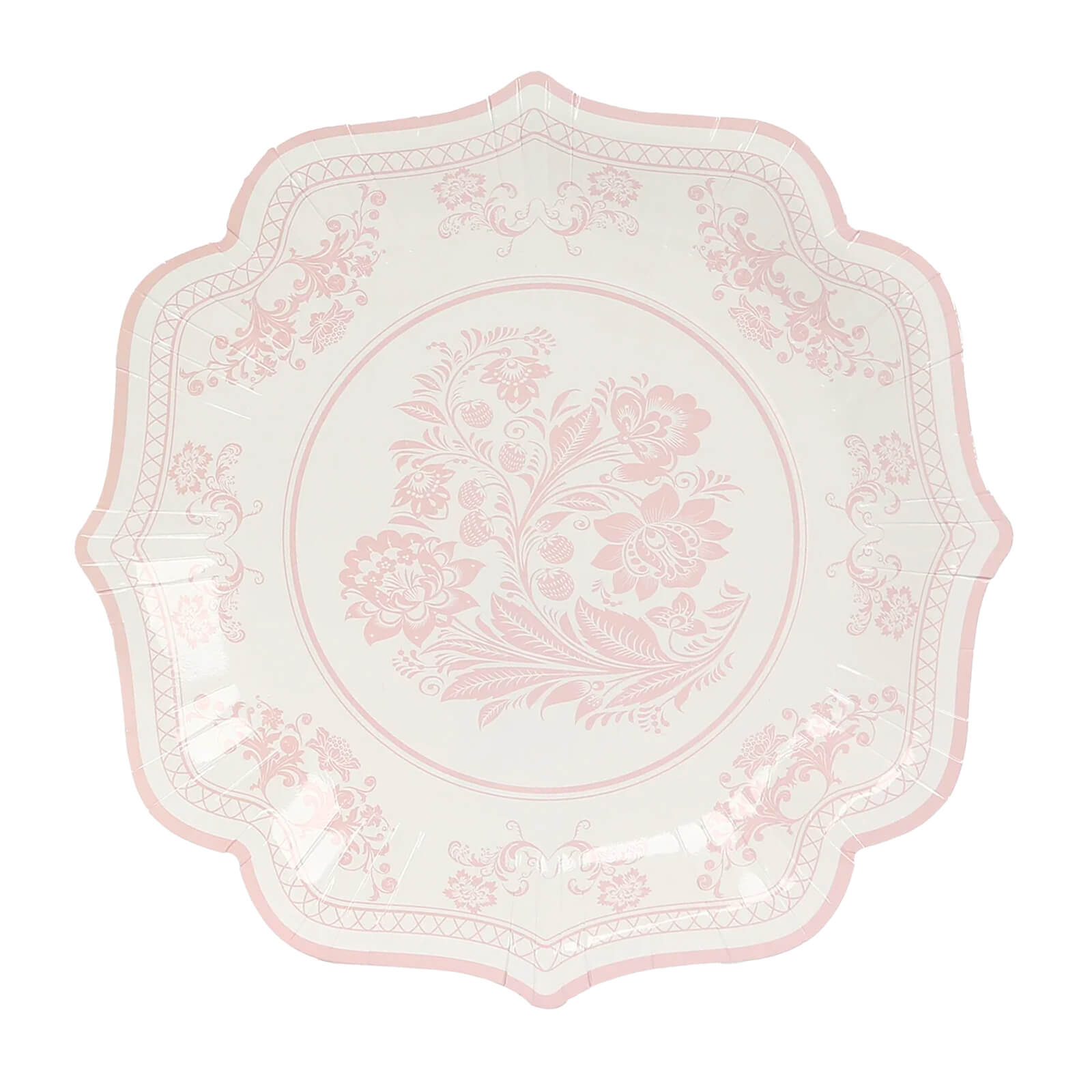 25 - Pack Paper Dinner Plates in White Pink Damask Floral Pattern & Scallop Rim - Stylish Disposable 300GSM Floral Party Plates 10" - Bell Racket Store