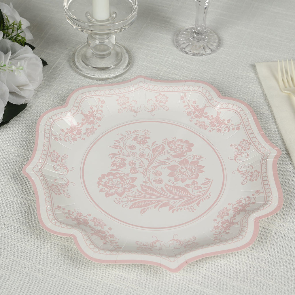 25 - Pack Paper Dinner Plates in White Pink Damask Floral Pattern & Scallop Rim - Stylish Disposable 300GSM Floral Party Plates 10" - Bell Racket Store