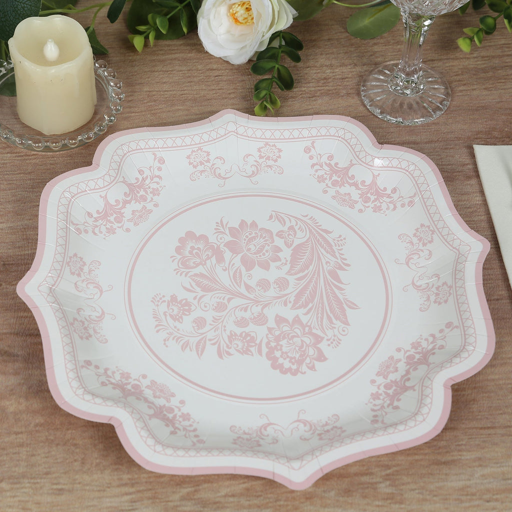 25 - Pack Paper Dinner Plates in White Pink Damask Floral Pattern & Scallop Rim - Stylish Disposable 300GSM Floral Party Plates 10" - Bell Racket Store
