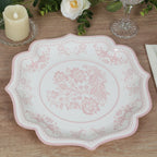 25 - Pack Paper Dinner Plates in White Pink Damask Floral Pattern & Scallop Rim - Stylish Disposable 300GSM Floral Party Plates 10" - Bell Racket Store
