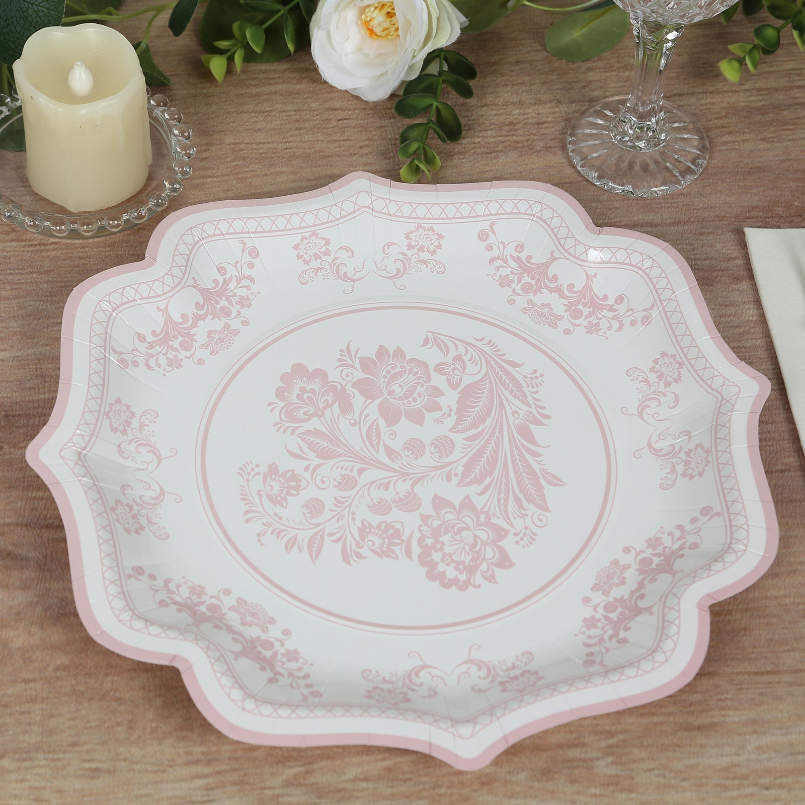 25 - Pack Paper Dinner Plates in White Pink Damask Floral Pattern & Scallop Rim - Stylish Disposable 300GSM Floral Party Plates 10" - Bell Racket Store