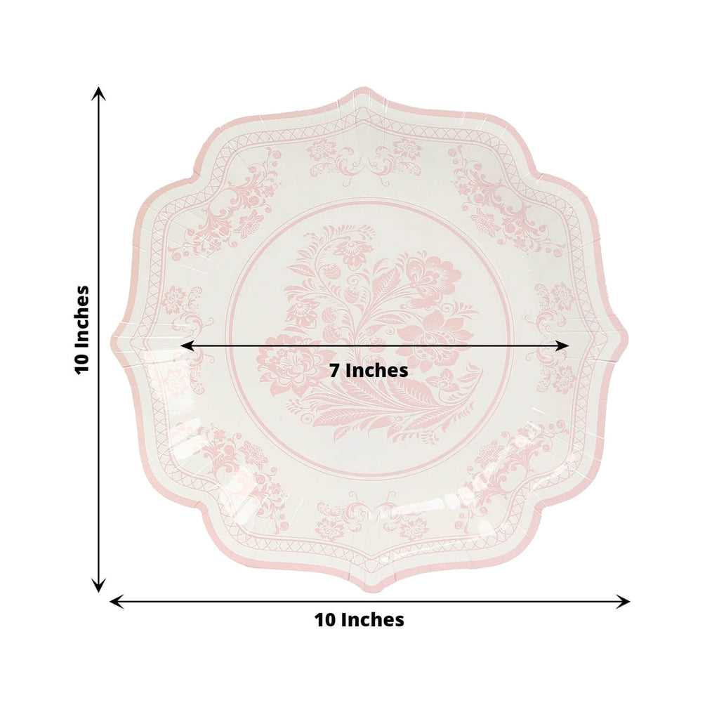 25 - Pack Paper Dinner Plates in White Pink Damask Floral Pattern & Scallop Rim - Stylish Disposable 300GSM Floral Party Plates 10" - Bell Racket Store