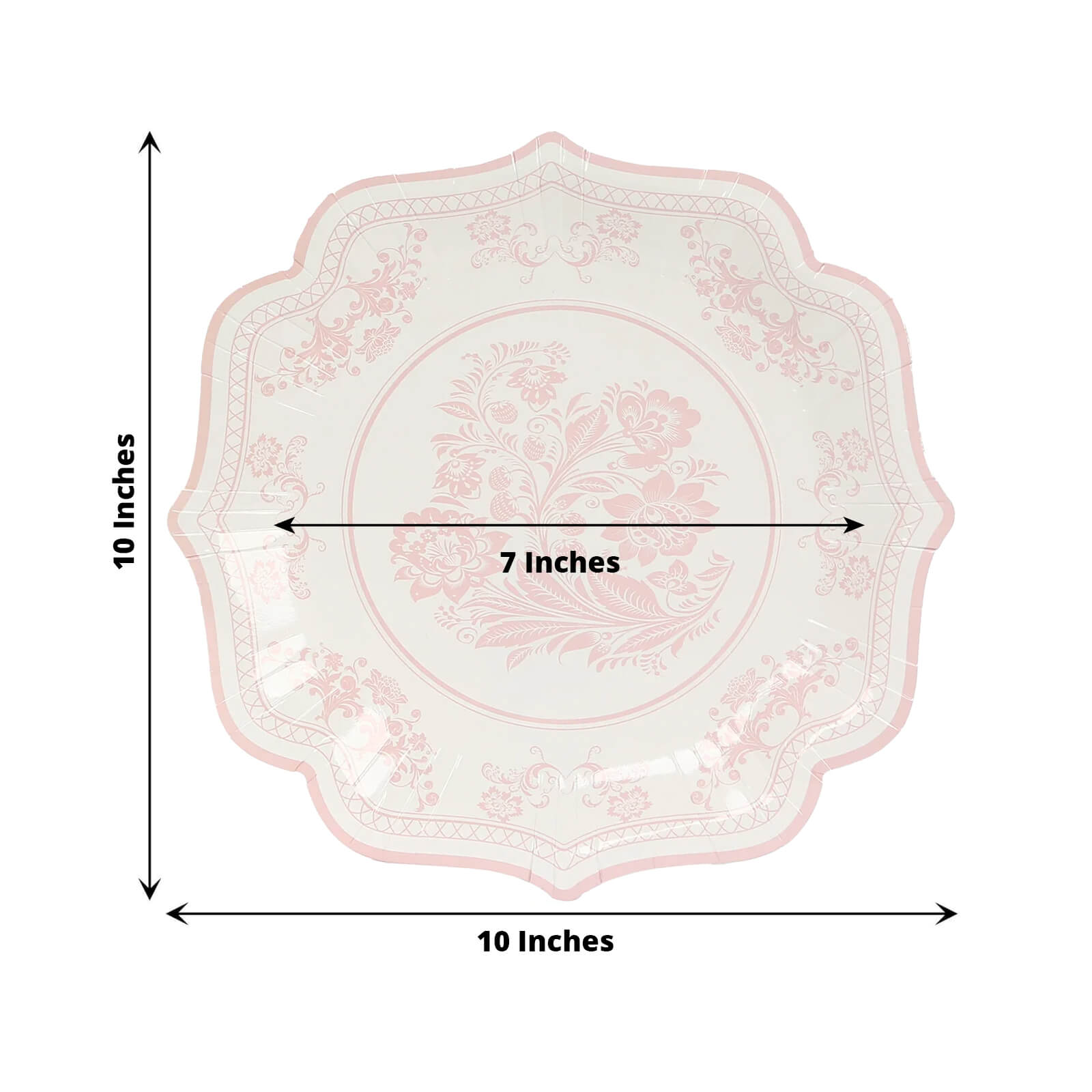 25 - Pack Paper Dinner Plates in White Pink Damask Floral Pattern & Scallop Rim - Stylish Disposable 300GSM Floral Party Plates 10" - Bell Racket Store