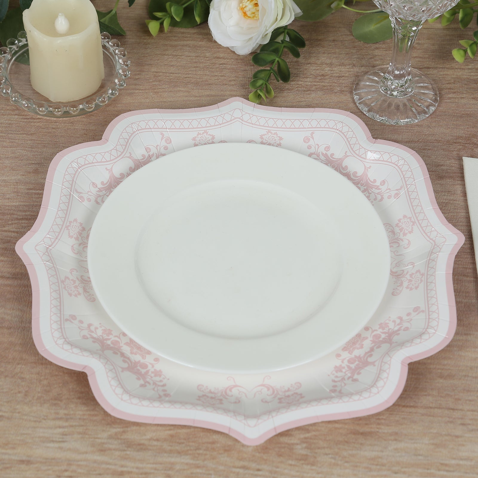 25 - Pack Paper Dinner Plates in White Pink Damask Floral Pattern & Scallop Rim - Stylish Disposable 300GSM Floral Party Plates 10" - Bell Racket Store