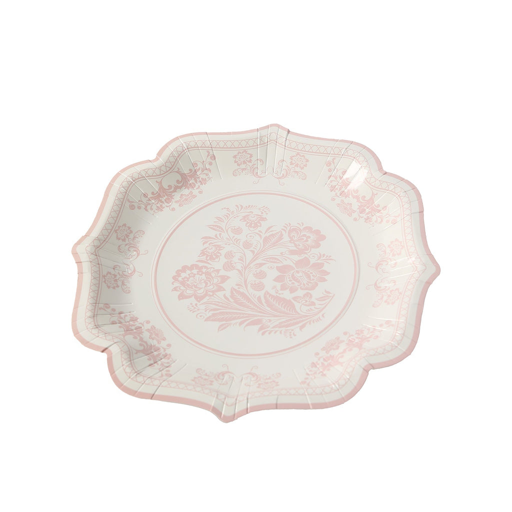 25 - Pack Paper Dinner Plates in White Pink Damask Floral Pattern & Scallop Rim - Stylish Disposable 300GSM Floral Party Plates 10" - Bell Racket Store